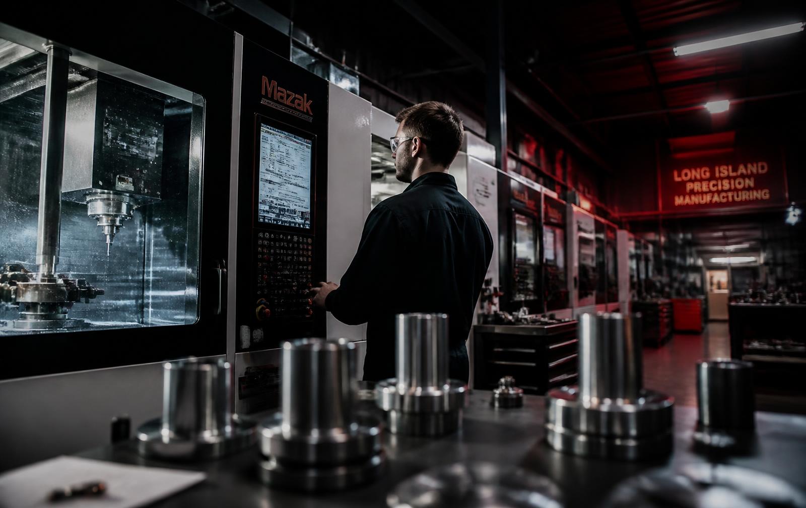 Machinist operating a CNC mill in a Long Island precision manufacturing shop